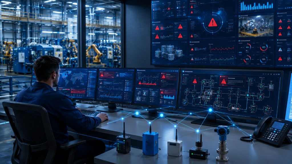 Técnico numa sala de controlo com alarmes SCADA em tempo real, dashboards e sensores IoT industriais