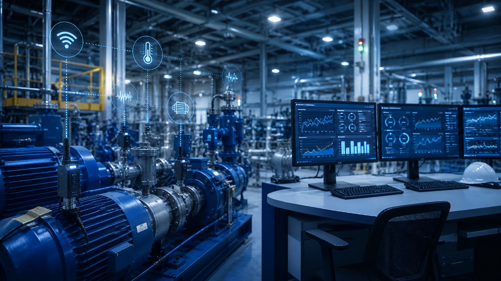 Linha de produção industrial com sensores IoT, dashboards SCADA e monitorização de vibração e temperatura em tempo real