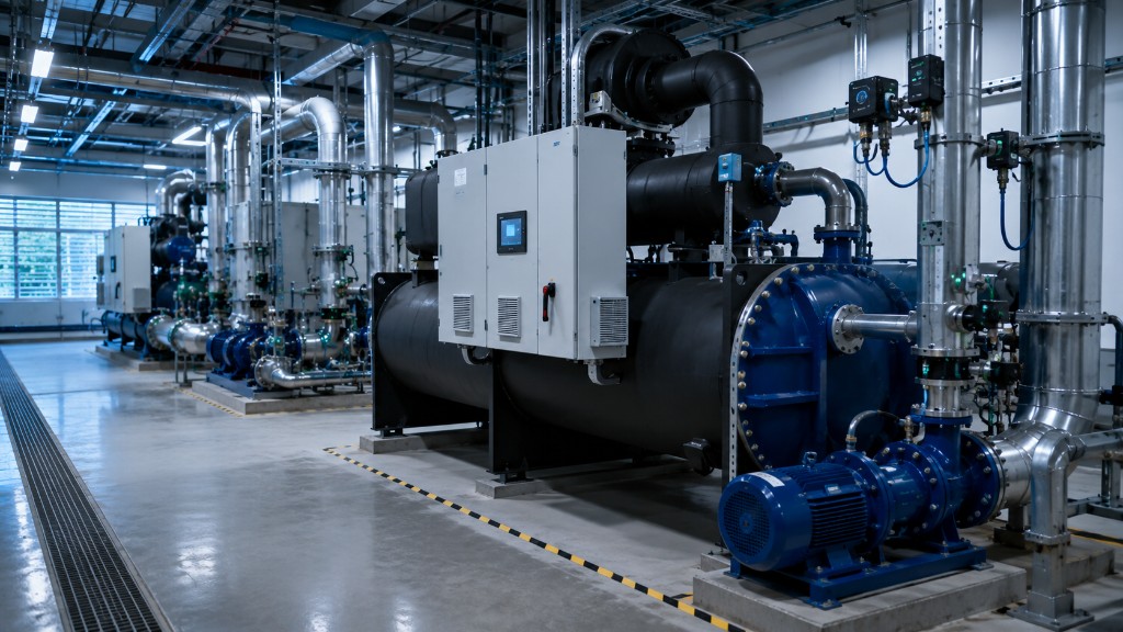 Sala técnica industrial com chillers, bombas AVAC, tubagens e painéis de controlo GTC para monitorização energética