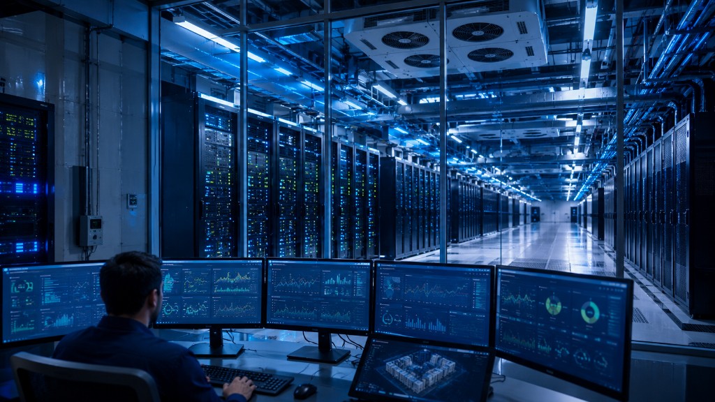 Sala de controlo de data center com dashboards GTC e SCADA e monitorização 24/7 de infraestrutura crítica