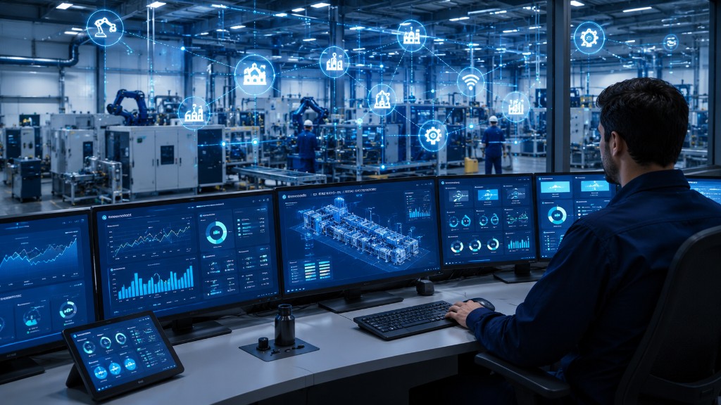 Operador numa sala de controlo com dashboards SCADA e IoT a monitorizar equipamentos industriais em tempo real