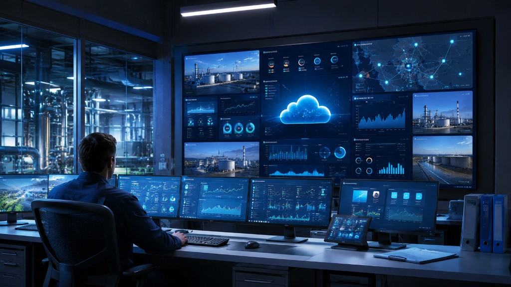 Centro de controlo industrial com dashboards SCADA Cloud, video wall e monitorização remota em tempo real