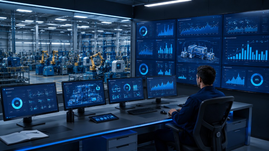 Sala de controlo industrial com dashboards SCADA, KPIs e monitorização de dados de produção em tempo real
